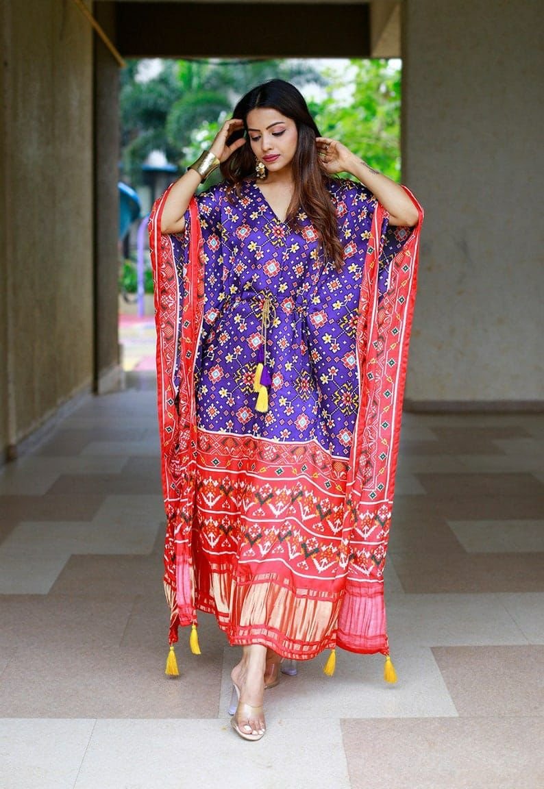 Blue Floral Geometric Printed Designer Kaftan with Red Border
